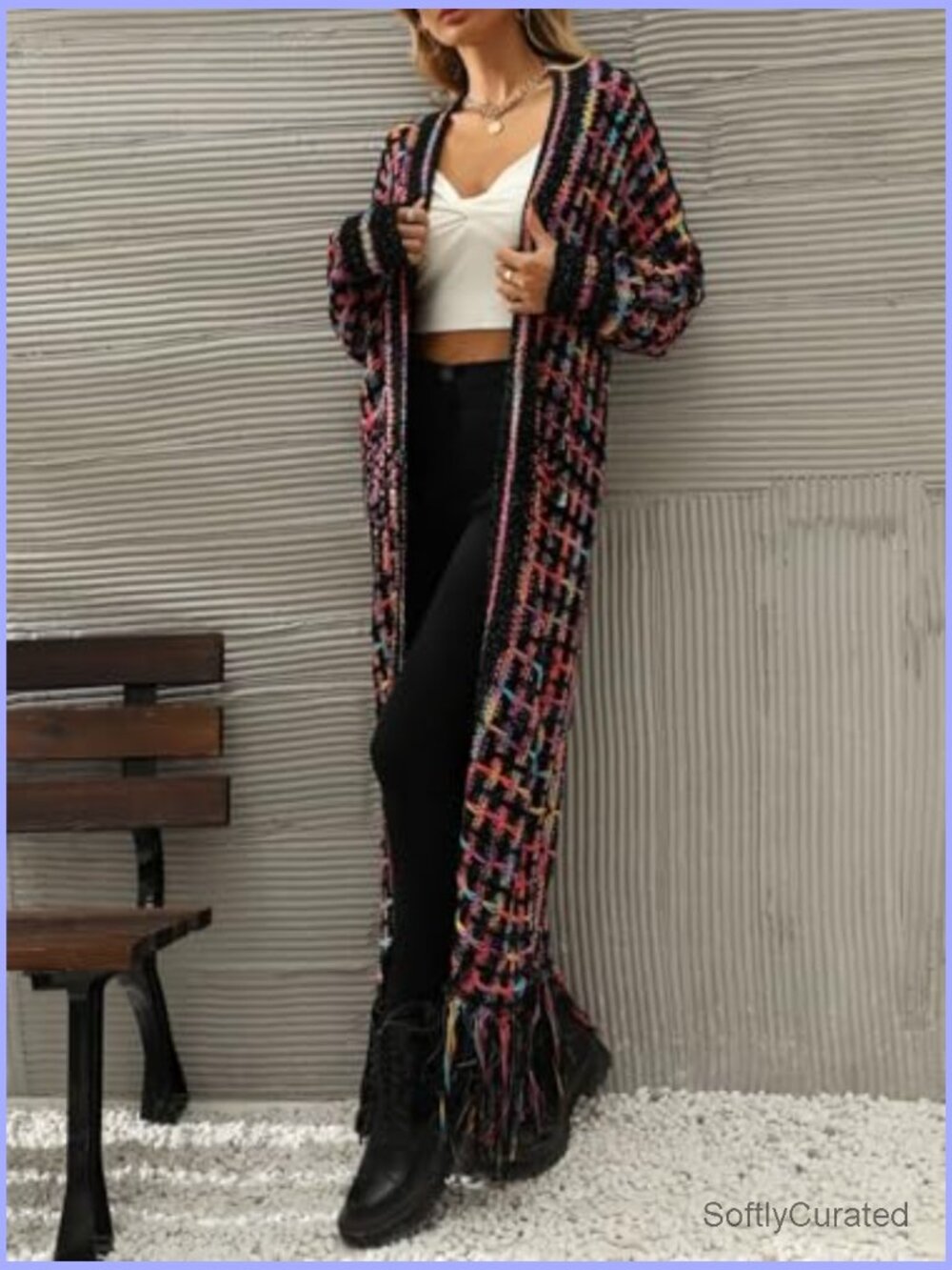 Womens Long Chunky Knit Cardigan Sweater Open Front Fringe Tassels Boho Western - Picture 5 of 7